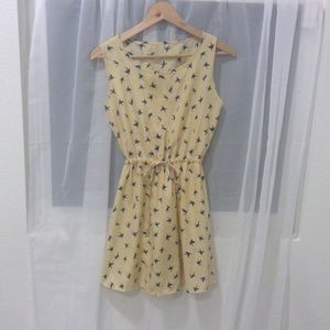 Cream Bird Print Adjustable Cinched Waist Dress